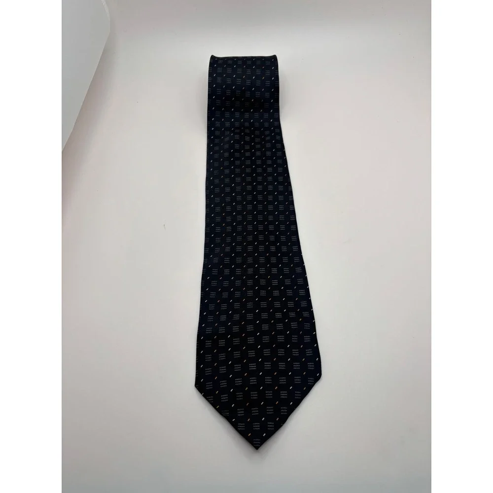 Clericci Mens Silk Necktie Navy Blue Orange Geometric Pattern Italian Style